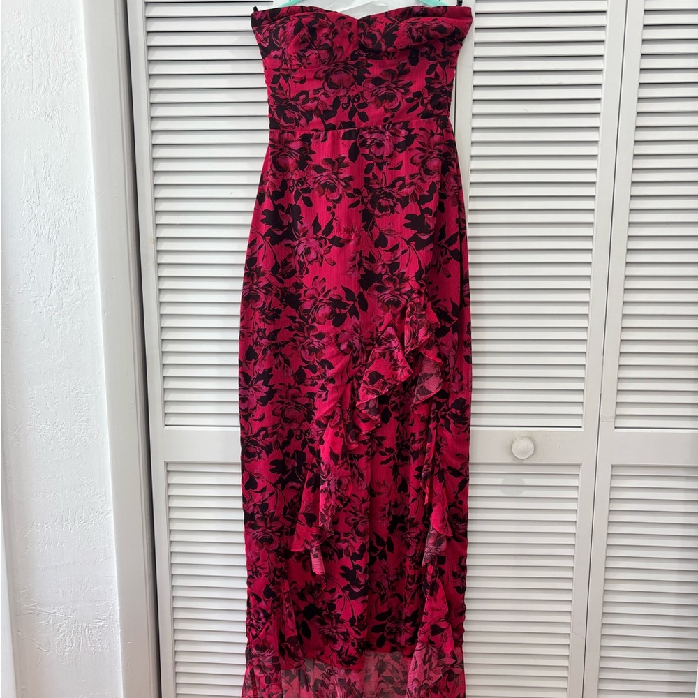 Amanda Uprichard Strapless Fuchsia Dress with Black Floral Overlay